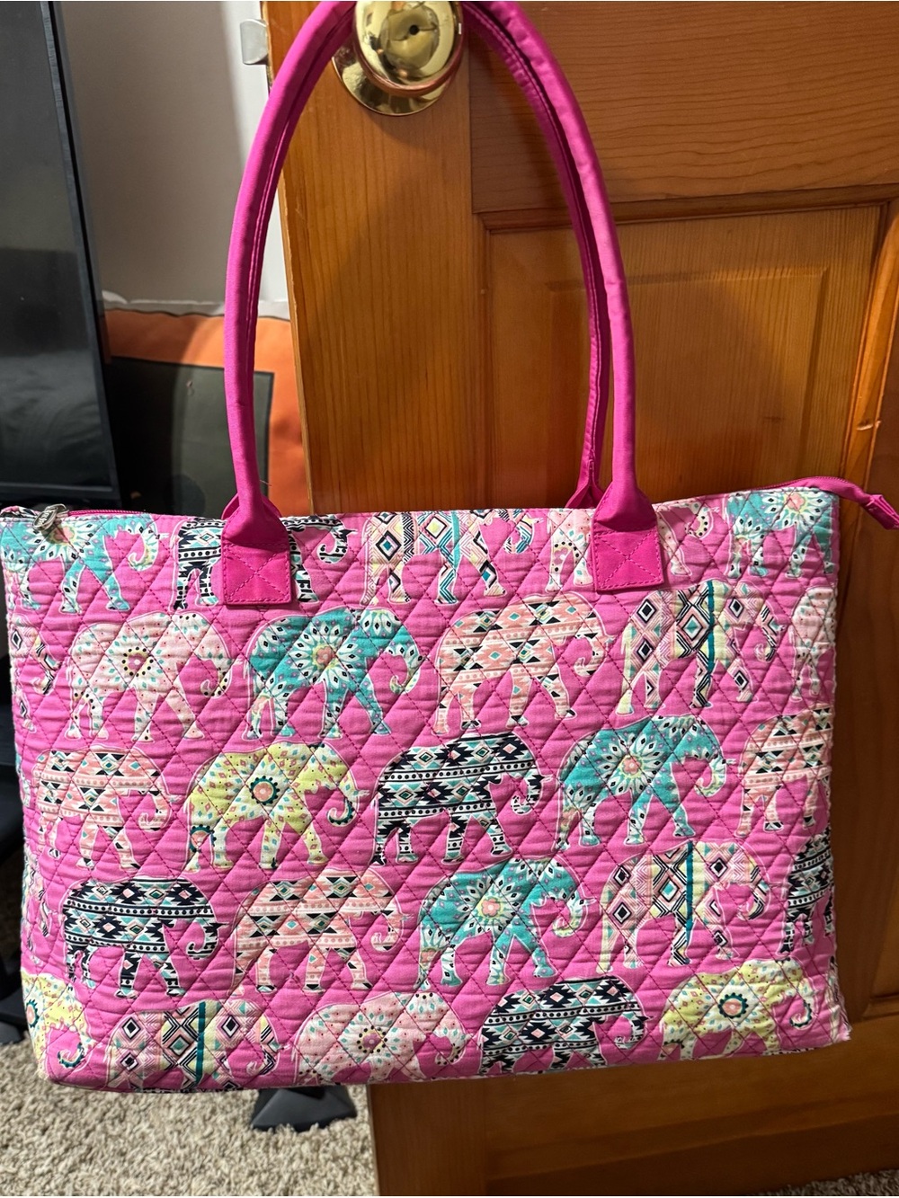 Pink Quilted Elephant Print Tote Bag and Matching Small Bag